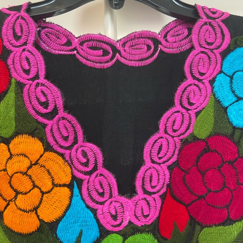 Colorful Embroidered Black Tunic Tank Made in Mexico Patchwork Embroidered - Picture 2 of 7